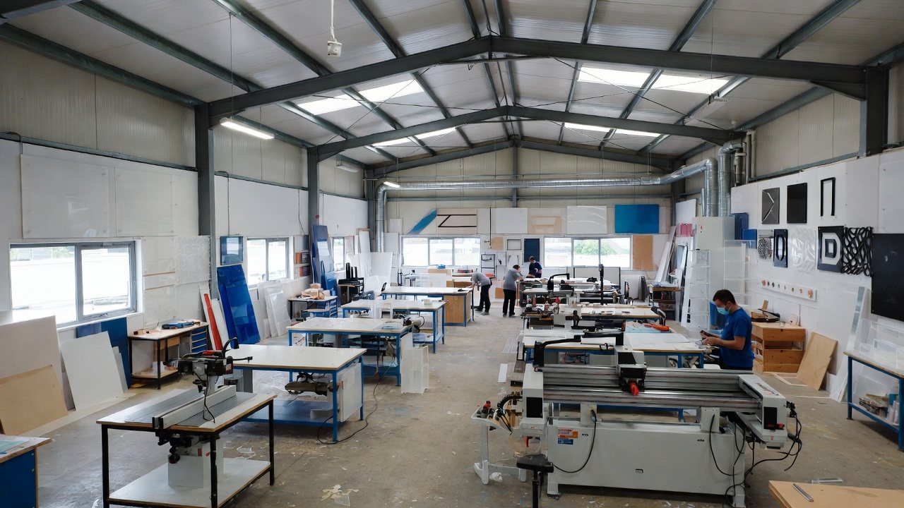 RS Acrylics production floor in Dubai with CNC routing and cutting stations