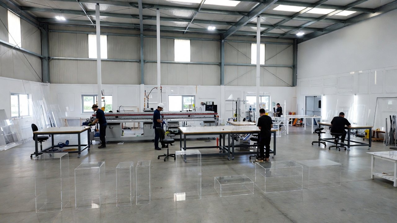 RS Acrylics fabrication team assembling clear acrylic display cases and podiums